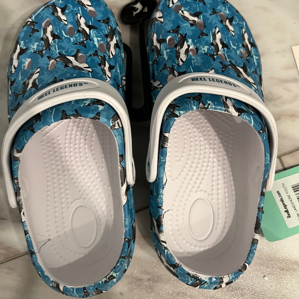 Kids mule, clogs, sharks reel legends brand new with tags